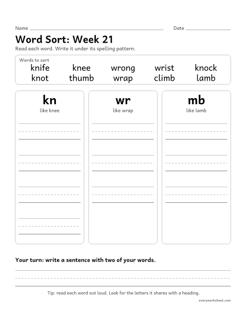 Preview of the printable “Word Sort: week 21 (Silent letters: kn, wr, mb)” worksheet: sorting spelling words by pattern: kn, wr, mb