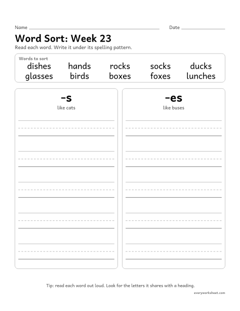 Preview of the printable “Word Sort: week 23 (Plurals: -s and -es)” worksheet: sorting spelling words by pattern: -s, -es