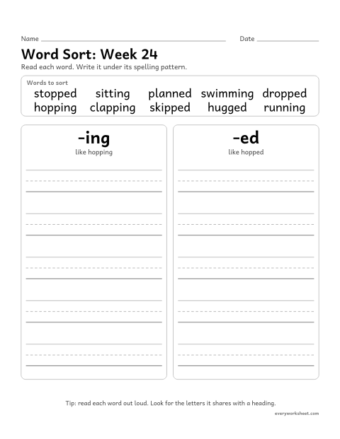 Preview of the printable “Word Sort: week 24 (Endings: double the last letter)” worksheet: sorting spelling words by pattern: -ing, -ed