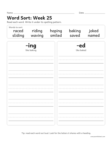 Preview of the printable “Word Sort: week 25 (Endings: drop the e)” worksheet: sorting spelling words by pattern: -ing, -ed