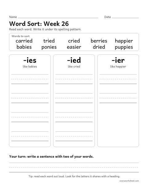 Preview of the printable “Word Sort: week 26 (Endings: change y to i)” worksheet: sorting spelling words by pattern: -ies, -ied, -ier