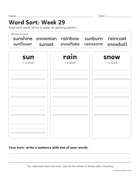 Preview of the printable “Word Sort: week 29 (Compound words)” worksheet: sorting spelling words by pattern: sun, rain, snow