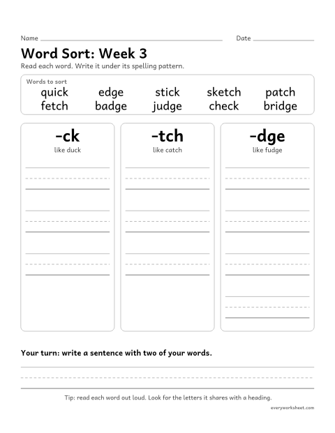 Preview of the printable “Word Sort: week 3 (-ck, -tch and -dge)” worksheet: sorting spelling words by pattern: -ck, -tch, -dge