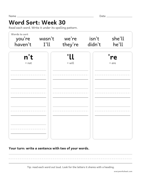 Preview of the printable “Word Sort: week 30 (Contractions)” worksheet: sorting spelling words by pattern: n't, 'll, 're