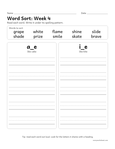 Preview of the printable “Word Sort: week 4 (Silent e: a_e and i_e)” worksheet: sorting spelling words by pattern: a_e, i_e