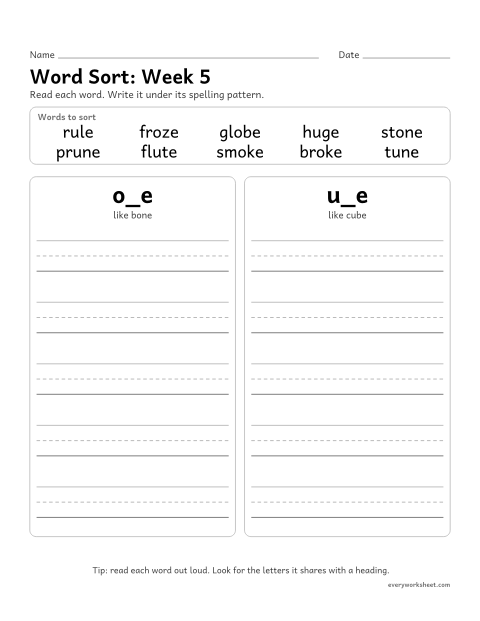 Preview of the printable “Word Sort: week 5 (Silent e: o_e and u_e)” worksheet: sorting spelling words by pattern: o_e, u_e