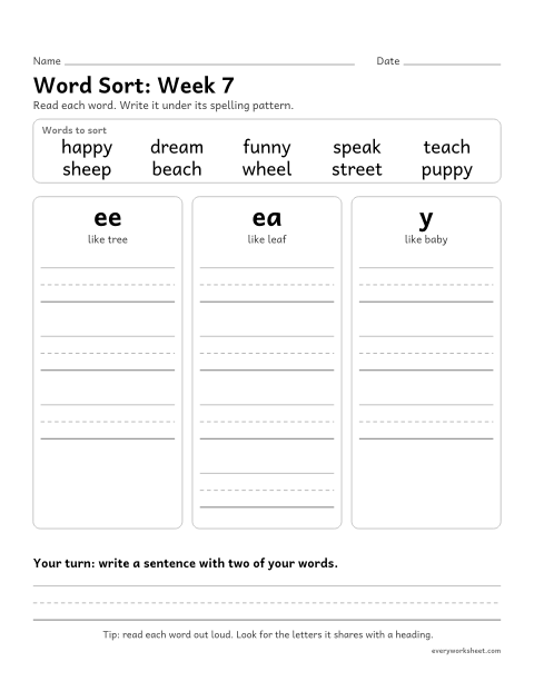 Preview of the printable “Word Sort: week 7 (Long e: ee, ea and y)” worksheet: sorting spelling words by pattern: ee, ea, y
