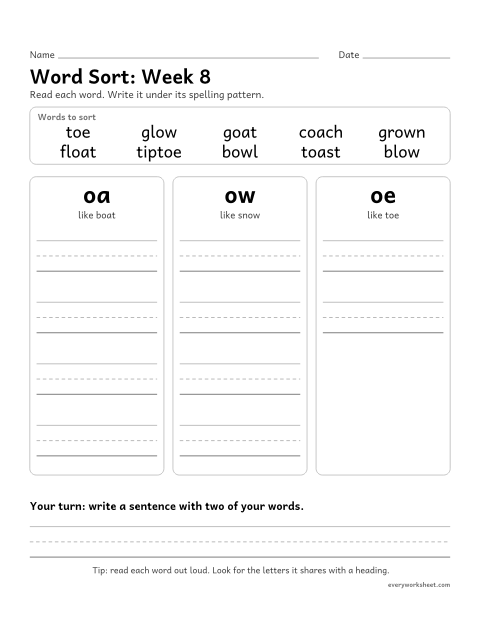 Preview of the printable “Word Sort: week 8 (Long o: oa, ow and oe)” worksheet: sorting spelling words by pattern: oa, ow, oe
