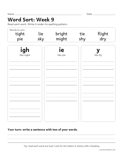 Preview of the printable “Word Sort: week 9 (Long i: igh, ie and y)” worksheet: sorting spelling words by pattern: igh, ie, y