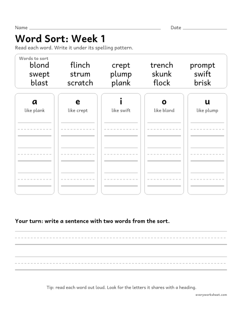 Preview of the printable “Word Sort: week 1 (Short vowels)” worksheet: sorting spelling words by pattern: a, e, i, o, u