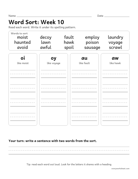 Preview of the printable “Word Sort: week 10 (oi, oy, au and aw)” worksheet: sorting spelling words by pattern: oi, oy, au, aw