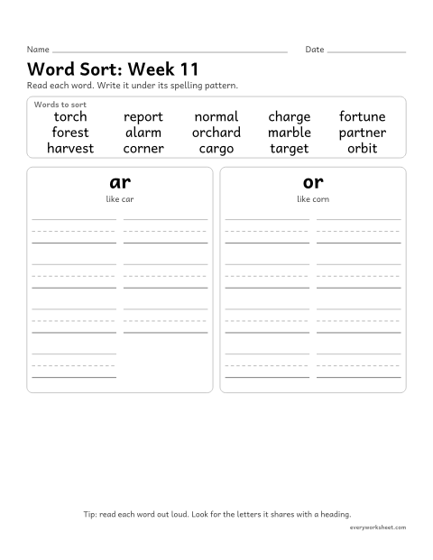 Preview of the printable “Word Sort: week 11 (ar and or)” worksheet: sorting spelling words by pattern: ar, or