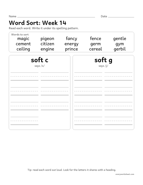 Preview of the printable “Word Sort: week 14 (Soft c and soft g)” worksheet: sorting spelling words by pattern: soft c, soft g