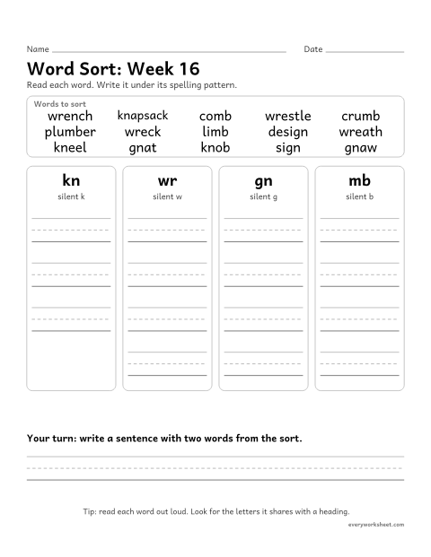 Preview of the printable “Word Sort: week 16 (Silent letters: kn, wr, gn, mb)” worksheet: sorting spelling words by pattern: kn, wr, gn, mb