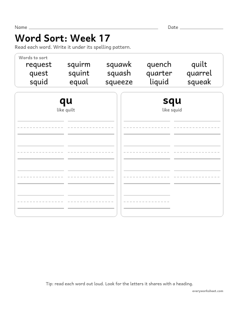 Preview of the printable “Word Sort: week 17 (qu and squ)” worksheet: sorting spelling words by pattern: qu, squ