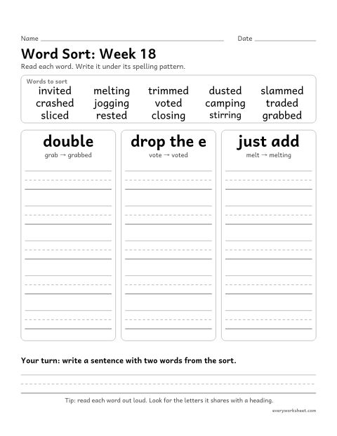 Preview of the printable “Word Sort: week 18 (Adding -ed and -ing)” worksheet: sorting spelling words by pattern: double, drop the e, just add