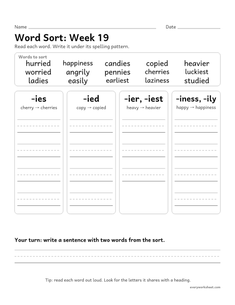 Preview of the printable “Word Sort: week 19 (Change y to i)” worksheet: sorting spelling words by pattern: -ies, -ied, -ier, -iest, -iness, -ily