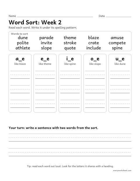 Preview of the printable “Word Sort: week 2 (Long vowels with silent e)” worksheet: sorting spelling words by pattern: a_e, e_e, i_e, o_e, u_e
