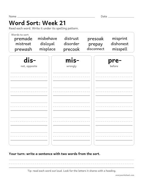 Preview of the printable “Word Sort: week 21 (Prefixes dis-, mis- and pre-)” worksheet: sorting spelling words by pattern: dis-, mis-, pre-