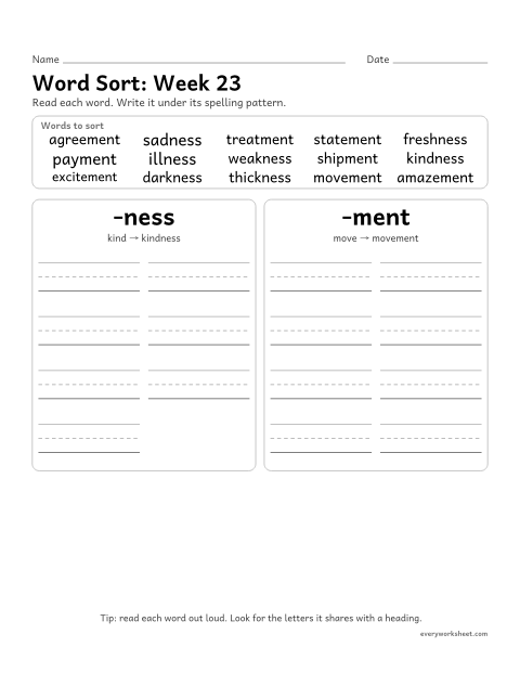 Preview of the printable “Word Sort: week 23 (Suffixes -ness and -ment)” worksheet: sorting spelling words by pattern: -ness, -ment