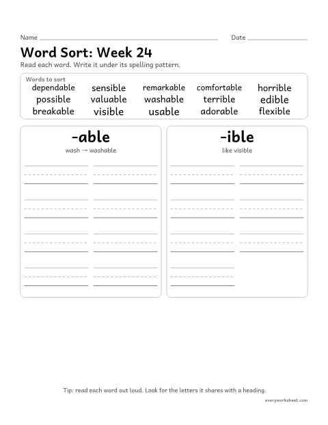 Preview of the printable “Word Sort: week 24 (Suffixes -able and -ible)” worksheet: sorting spelling words by pattern: -able, -ible
