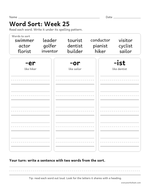 Preview of the printable “Word Sort: week 25 (Suffixes -er, -or and -ist)” worksheet: sorting spelling words by pattern: -er, -or, -ist
