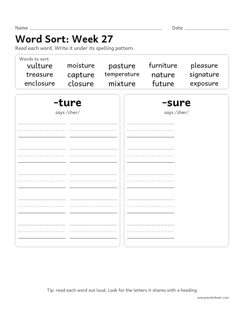 Preview of the printable “Word Sort: week 27 (Endings -ture and -sure)” worksheet: sorting spelling words by pattern: -ture, -sure