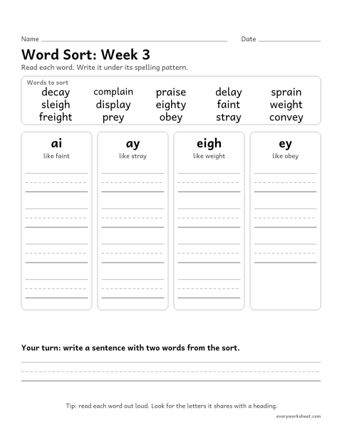 Preview of the printable “Word Sort: week 3 (Long a: ai, ay, eigh, ey)” worksheet: sorting spelling words by pattern: ai, ay, eigh, ey