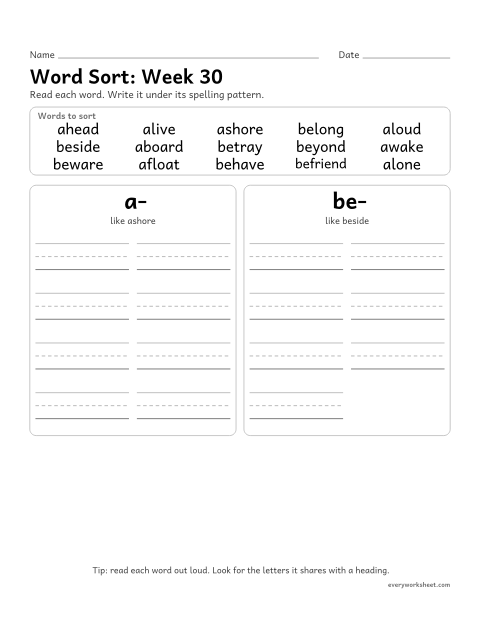Preview of the printable “Word Sort: week 30 (a- and be- at the start)” worksheet: sorting spelling words by pattern: a-, be-