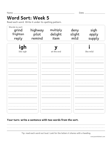 Preview of the printable “Word Sort: week 5 (Long i: igh, y, i)” worksheet: sorting spelling words by pattern: igh, y, i