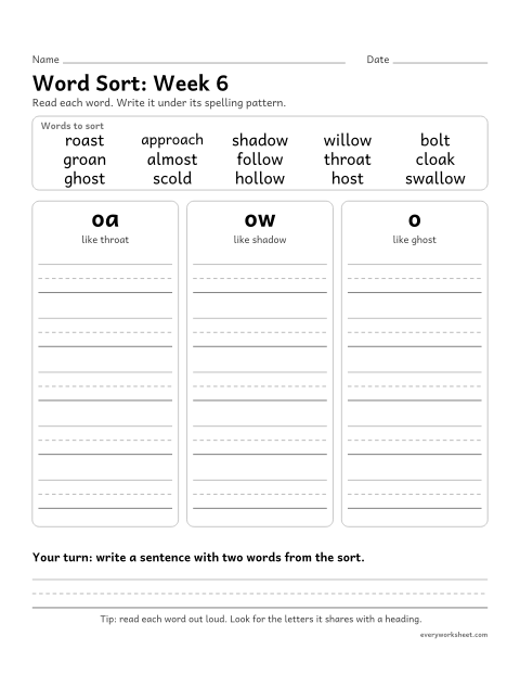 Preview of the printable “Word Sort: week 6 (Long o: oa, ow, o)” worksheet: sorting spelling words by pattern: oa, ow, o