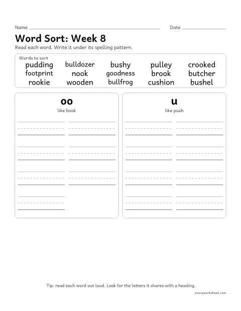 Preview of the printable “Word Sort: week 8 (oo and u as in book and push)” worksheet: sorting spelling words by pattern: oo, u