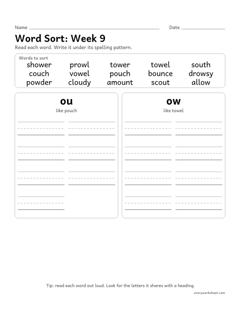 Preview of the printable “Word Sort: week 9 (ou and ow)” worksheet: sorting spelling words by pattern: ou, ow