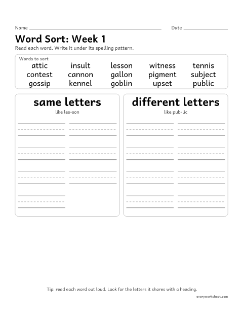 Preview of the printable “Word Sort: week 1 (Closed syllables)” worksheet: sorting spelling words by pattern: same letters, different letters