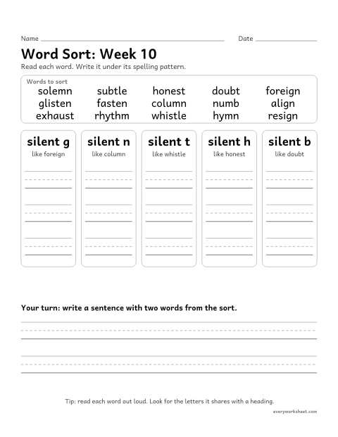 Preview of the printable “Word Sort: week 10 (Silent letters: gn, mn, st, h and b)” worksheet: sorting spelling words by pattern: silent g, silent n, silent t, silent h, silent b