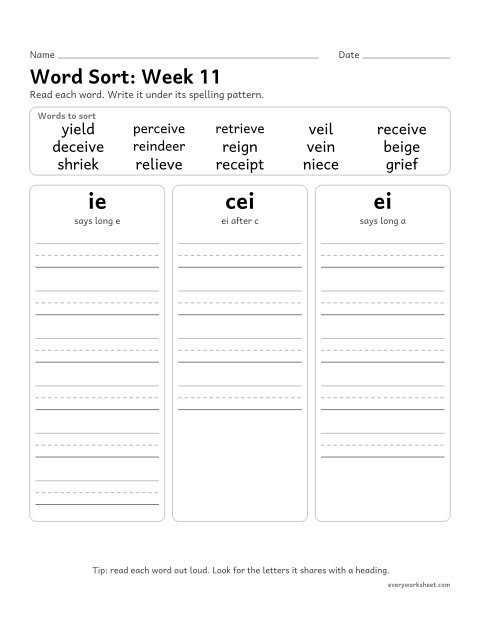 Preview of the printable “Word Sort: week 11 (ie and ei)” worksheet: sorting spelling words by pattern: ie, cei, ei
