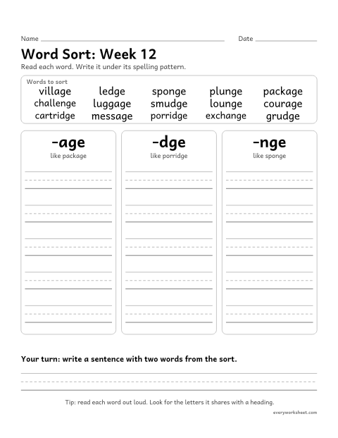 Preview of the printable “Word Sort: week 12 (Endings -age, -dge and -nge)” worksheet: sorting spelling words by pattern: -age, -dge, -nge