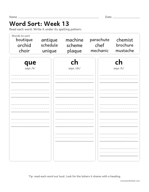 Preview of the printable “Word Sort: week 13 (que, and ch as /sh/ and /k/)” worksheet: sorting spelling words by pattern: que, ch, ch