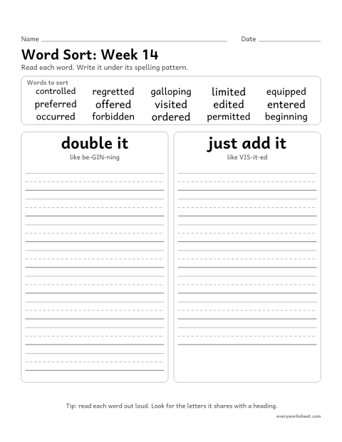 Preview of the printable “Word Sort: week 14 (Doubling in longer words)” worksheet: sorting spelling words by pattern: double it, just add it