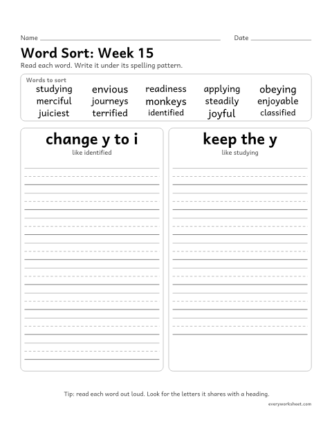 Preview of the printable “Word Sort: week 15 (Change y to i, or keep the y)” worksheet: sorting spelling words by pattern: change y to i, keep the y
