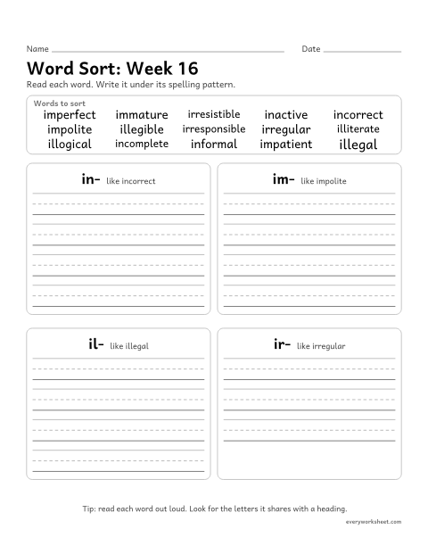 Preview of the printable “Word Sort: week 16 (Prefixes in-, im-, il- and ir-)” worksheet: sorting spelling words by pattern: in-, im-, il-, ir-