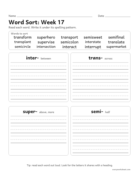 Preview of the printable “Word Sort: week 17 (Prefixes inter-, trans-, super- and semi-)” worksheet: sorting spelling words by pattern: inter-, trans-, super-, semi-