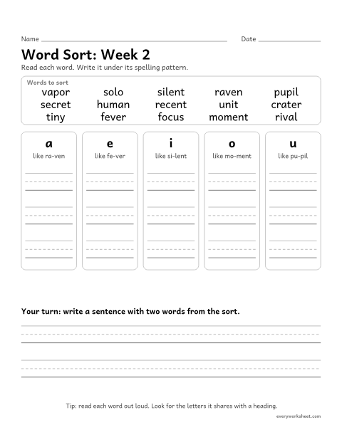 Preview of the printable “Word Sort: week 2 (Open syllables)” worksheet: sorting spelling words by pattern: a, e, i, o, u