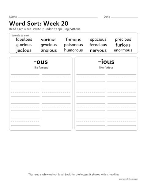Preview of the printable “Word Sort: week 20 (Suffixes -ous and -ious)” worksheet: sorting spelling words by pattern: -ous, -ious