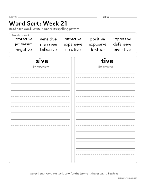 Preview of the printable “Word Sort: week 21 (Endings -sive and -tive)” worksheet: sorting spelling words by pattern: -sive, -tive