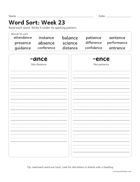 Preview of the printable “Word Sort: week 23 (Endings -ance and -ence)” worksheet: sorting spelling words by pattern: -ance, -ence