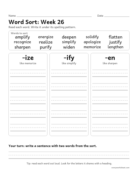 Preview of the printable “Word Sort: week 26 (Suffixes -ize, -ify and -en)” worksheet: sorting spelling words by pattern: -ize, -ify, -en