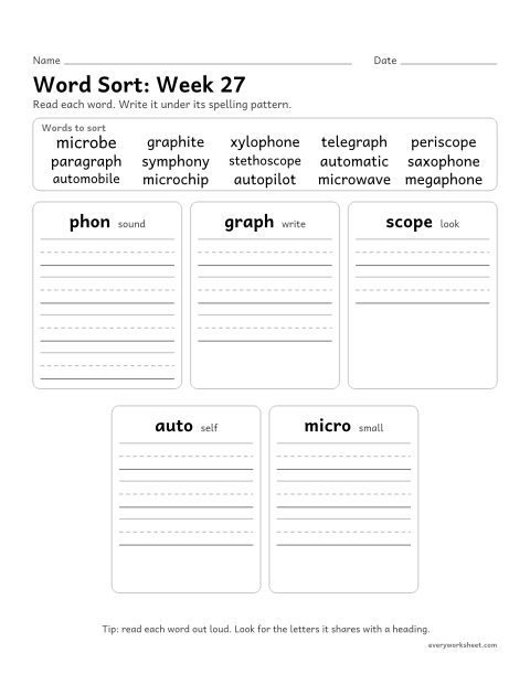 Preview of the printable “Word Sort: week 27 (Greek roots)” worksheet: sorting spelling words by pattern: phon, graph, scope, auto, micro
