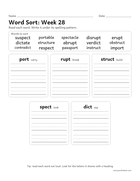 Preview of the printable “Word Sort: week 28 (Latin roots: port, rupt, struct, spect, dict)” worksheet: sorting spelling words by pattern: port, rupt, struct, spect, dict