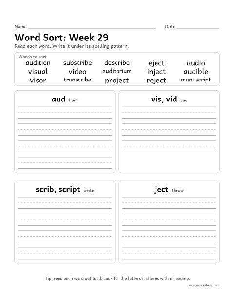 Preview of the printable “Word Sort: week 29 (Latin roots: aud, vis, scrib, ject)” worksheet: sorting spelling words by pattern: aud, vis, vid, scrib, script, ject